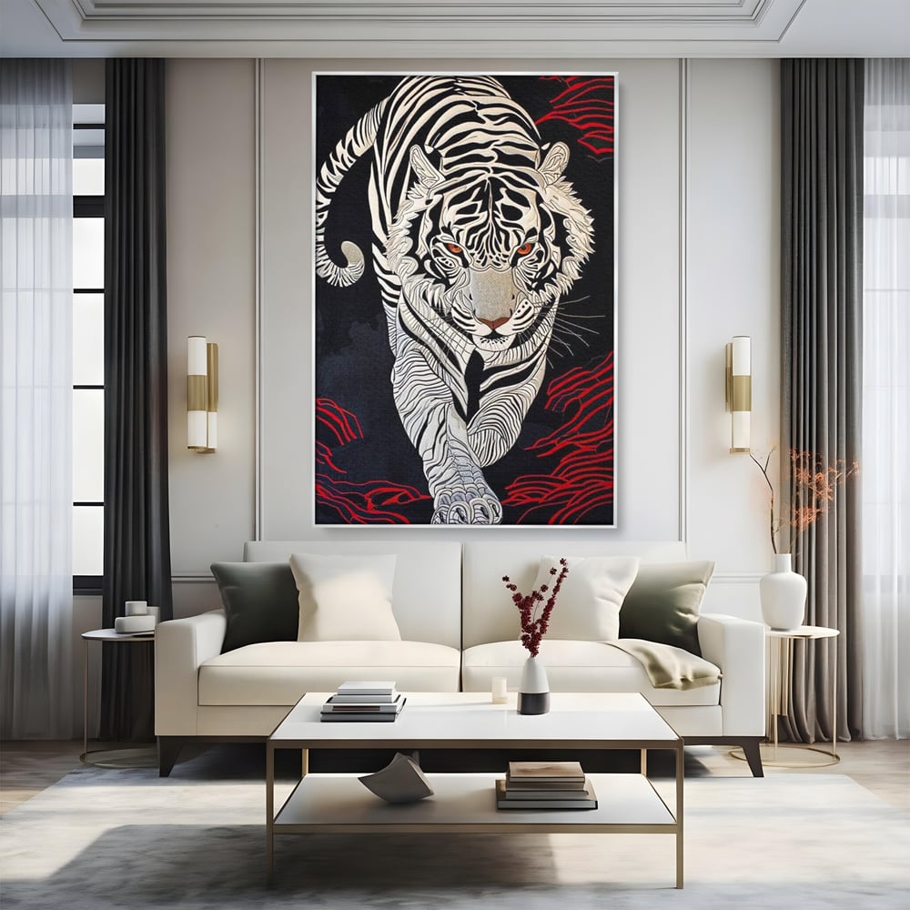 Tablou Canvas Vertical cu Tigru Alb pe Fundal Negru, Negru si Alb, M1429
